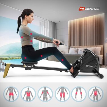 Гребний тренажер Hop-Sport Boost для дому, складаний, з магнітною системою гальмування, комп'ютером, кулькопідшипниковим сидінням, 10 рівнів навантаження, до 120 кг, золотий
