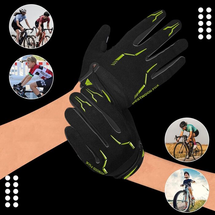 Велосипедні рукавички WestWood Fox WFX з повним пальцем для MTB, шосе та трейлу, сенсорний екран, посилені, антиковзаючі, чорно-неонові, XL для жінок та чоловіків