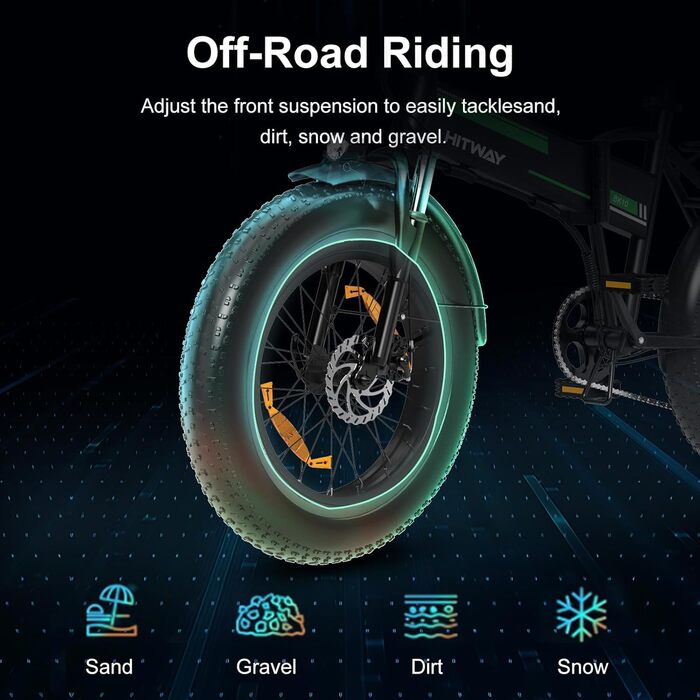 Електровелосипед HITWAY 20x4.0 Fat Tire, складаний, 250 Вт, знімний акумулятор 12Ah 36V/48V, для гір, пляжу і снігу
