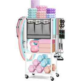 Стойка для гантелей для дому, багаторівнева полиця для зберігання, органайзер для йога-килимка та фасційного ролика, аксесуари для тренувань з роликами та гачками, білий