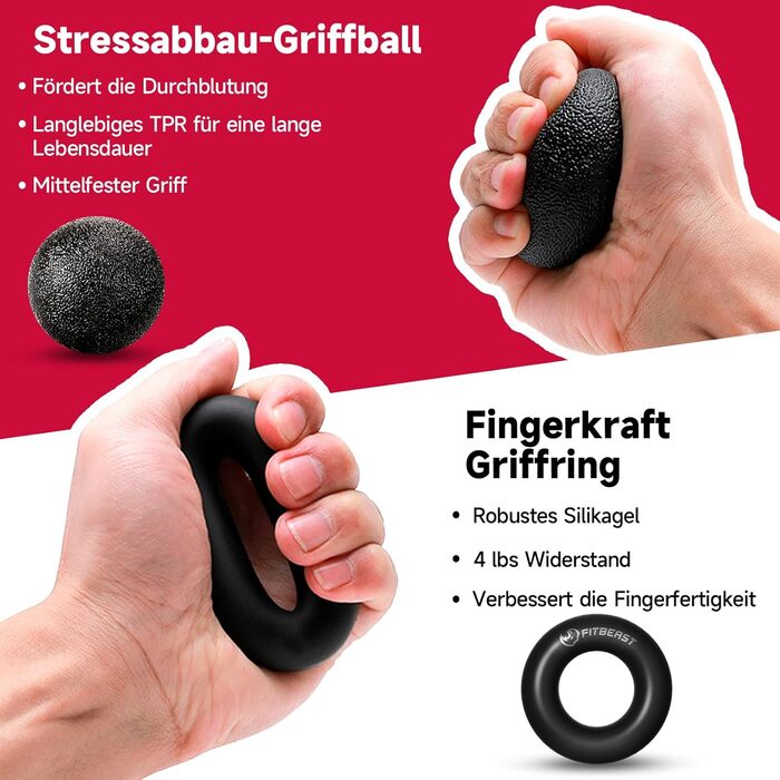 FitBeast Тренажер для рук та пальців, набір 5 шт. - регульований тренажер, тренажер для пальців, підтримка зап'ястя, кільце для тренувань та зняття стресу, чорний