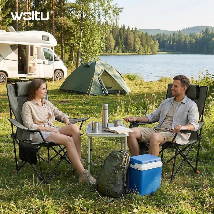 Набір складаних кемпінгових стільців WOLTU (2 шт.), outdoor-крісла для рибалки та пікніка з підскляником, знімною підголівником та кишенею, витримують до 150 кг, сірі