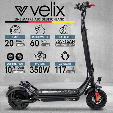 Електросамокат velix E-Kick 20 Pro з ABE, дорожнє схвалення, 60 км запас ходу, 10'' надувні колеса, для дорослих до 120 кг, змінний акумулятор, регульоване кермо, повна амортизація, LED-фара