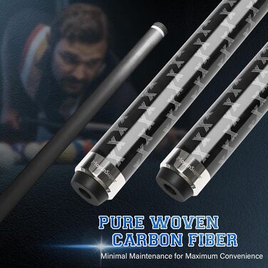 Професійний більярдний кий Billardqueue з карбону, низький упор, з кейсом та аксесуарами, 12.5 мм наконечник, 147.3 см, 567-595 г