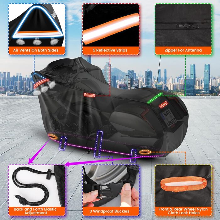 Водонепроникний чохол для мотоцикла Motorrad Plane, 420D, зимовий, для туристичних моделей, захист від UV, дощу та пилу, Deluxe Edition (Side Box 274x111x142CM, чорний)