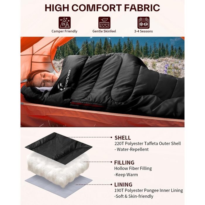 Спальний мішок Sportneer Outdoor 3-4 сезони для дорослих, 200x85см, чорний