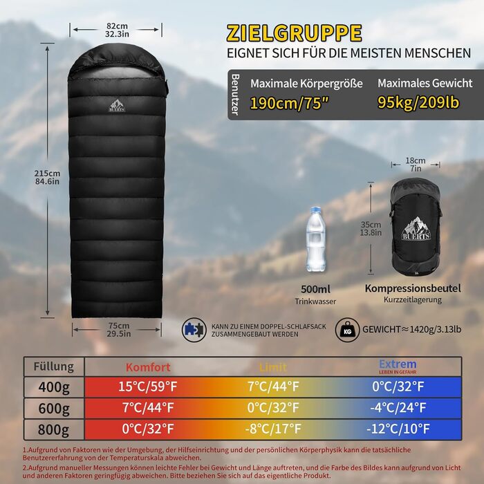 Спальний мішок зимовий Daunenschlafsack, теплий та легкий для дорослих та дітей, 680FP, для походів, альпінізму, кемпінгу. Чорний, 0°C