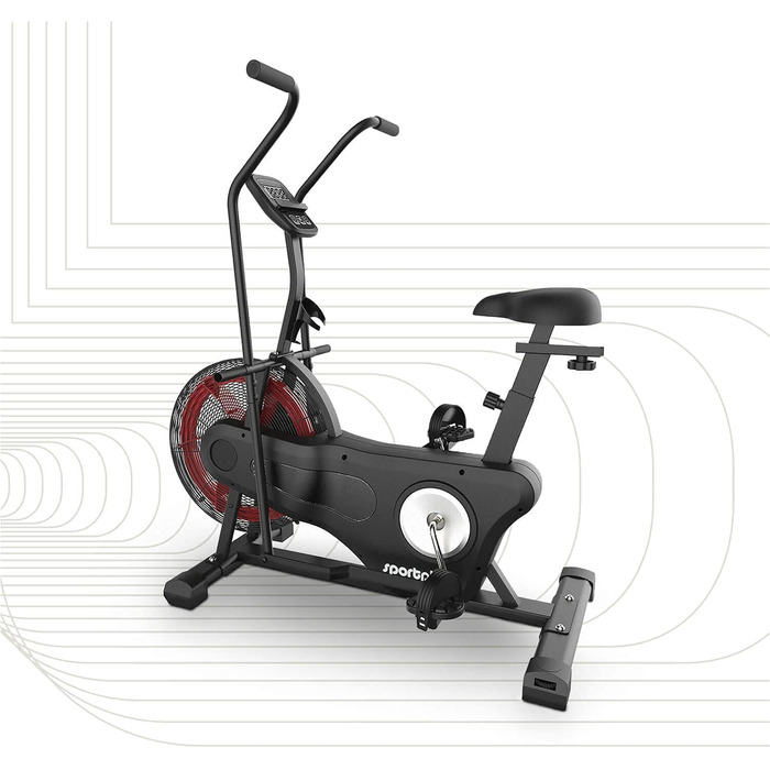 Велотренажер SportPlus Profi Air Bike з повітряним опором, HIIT, до 135 кг, чорний/червоний, сумісний із додатком, домашній фітнес