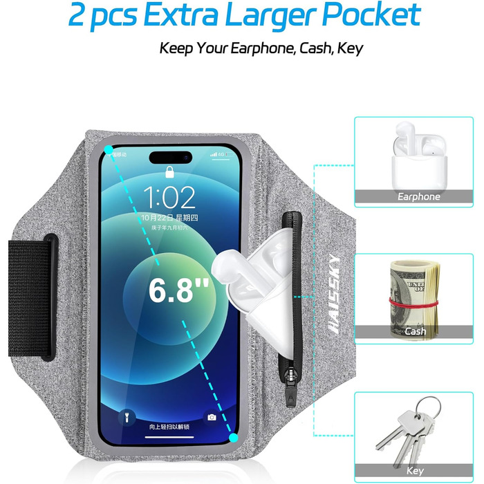 Спортивний браслет для телефону: підставка для бігу, кишенька для навушників, сумісний з iPhone 17/16/15/14/13 Pro Max, Galaxy S25/S24/S23 Ultra (до 6.9 дюймів, світло-сірий)