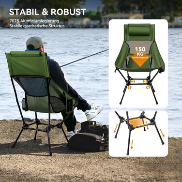 Крісло для кемпінгу Hochlehner, складне, 150 кг, ультралегке, портативне, з підголівником та двома кишенями, компактне рибальське крісло, для кемпінгу, пляжу, відпочинку на природі та піших прогулянок (колір: хакі)
