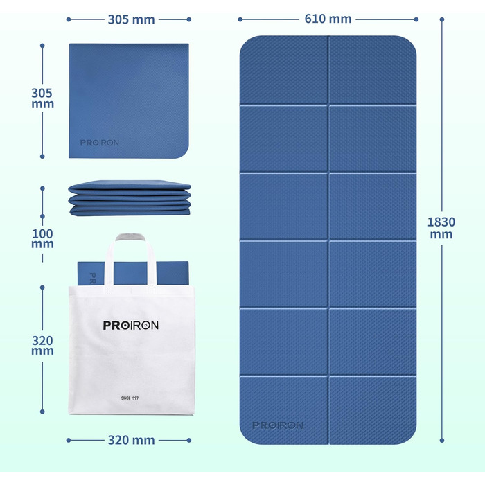 Складаний йога-мат PROIRON TPE 183x61x0,6 см, нековзкий, легкий, з сумкою, для фітнесу, пілатесу, синьо-зелений