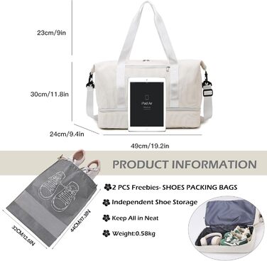 Спортивна сумка-рюкзак для жінок, 35л, Weekender, для подорожей та тренувань, з відділенням для взуття та мокрих речей, бежева