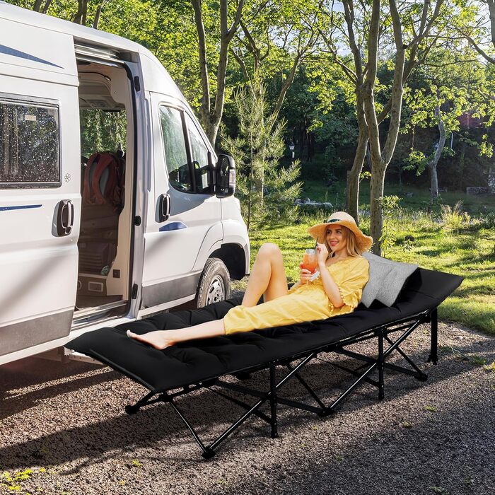Кемпінгове ліжко Bonnlo розкладне з матрацом – ліжко для риболовлі, відпочинку на природі, у саду, на пляжі, 190x71x36 см (Чорний)