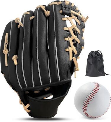 Рукавиця для бейсболу та софтболу з м'ячем, дитяча та доросла, з потовщеним матеріалом, для тренувань та змагань (Чорно-коричнева, 11.5 дюймів)