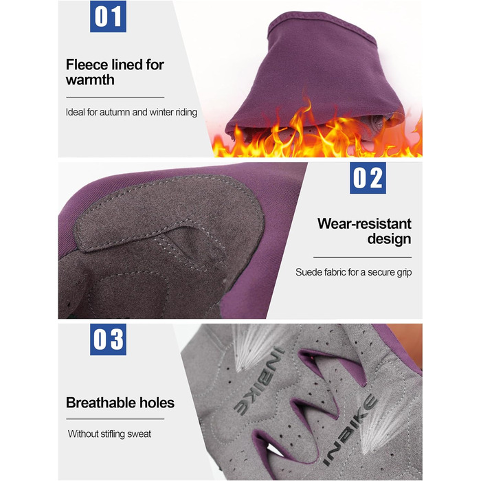 Велосипедні рукавички Inbike зимові MTB, 2 пальці, сенсорний екран, теплі, вітронепроникні, дихаючі, антиковзаючі, для катання на велосипеді, лижах, сноуборді, відпочинку IHC701 (фіолетовий, M)