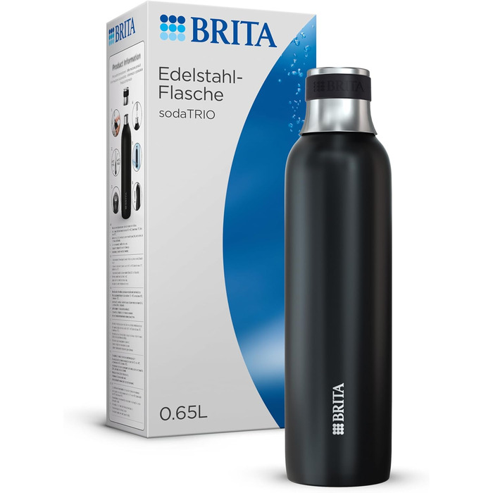 Пляшка BRITA з нержавіючої сталі чорна для газування води sodaTRIO 0,65 л – ізольована, подвійна стінка, преміум-якість, силіконове кільце, протиковзка, компактна, чорна
