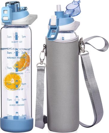 Скляна спортивна пляшка Seekua 1 л з трубочкою і часовою розміткою, BPA Free, герметична, з чохлом, для води, смузі, фруктів, газованих напоїв