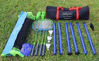 Набір для бадмінтону Zdgao для двору: портативна сітка з лебідкою, 4 алюмінієві ракетки, 3 волани, розмітка та сумка для перенесення (Синьо-Зелений)