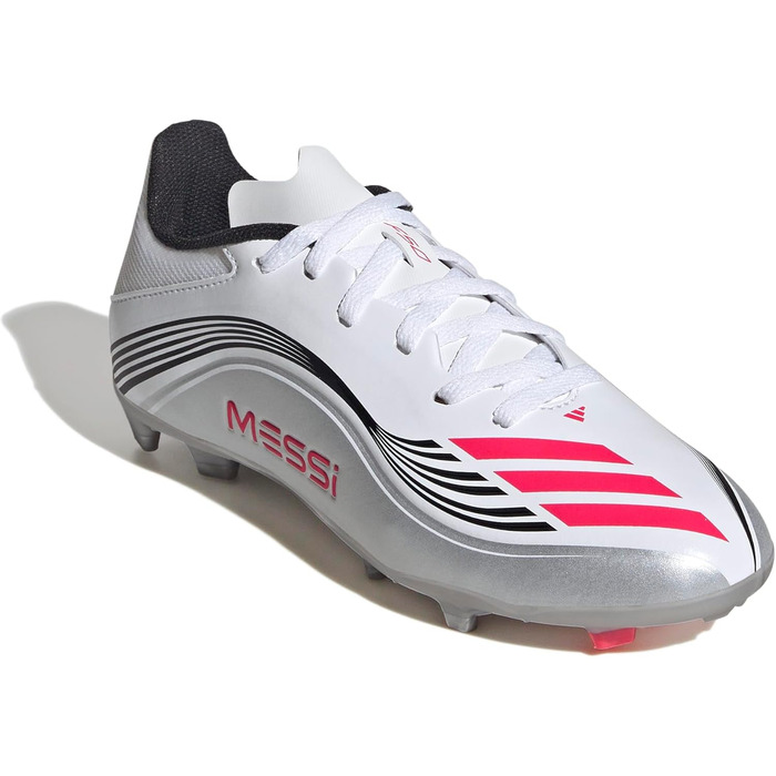 Дитячі футбольні бутси adidas F50 Messi League для гри на твердих та універсальних покриттях, розмір 37 1/3 EU, кольори: білий, червоний, срібло