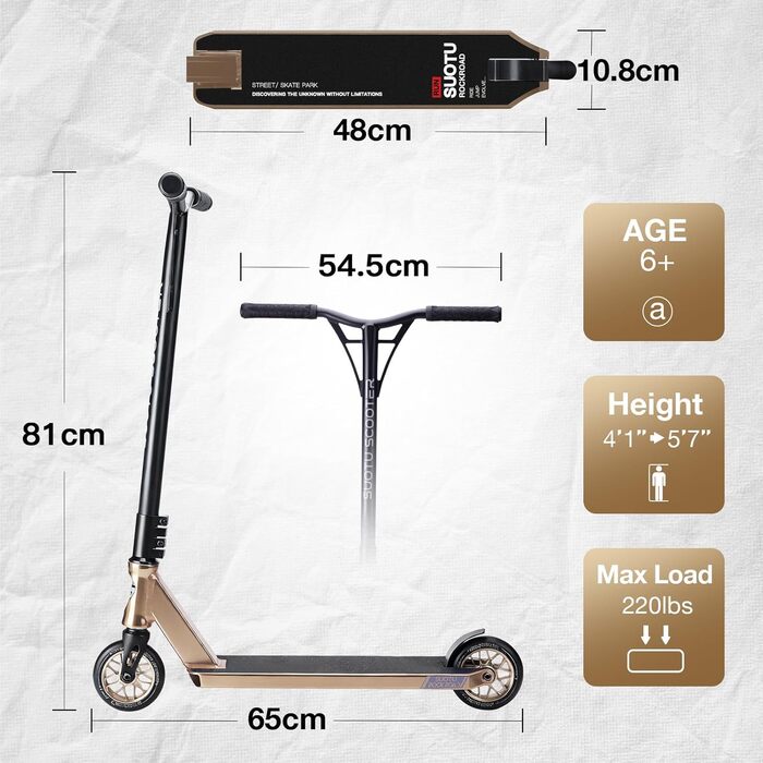 SUOTU Станкер для трюків, професійний, 360° кермування, роликовий скейтборд з колесами 110 мм 85A PU, для дітей, підлітків та дорослих, вантажопідйомність 100 кг, алюміній (чорний – білий золотий)