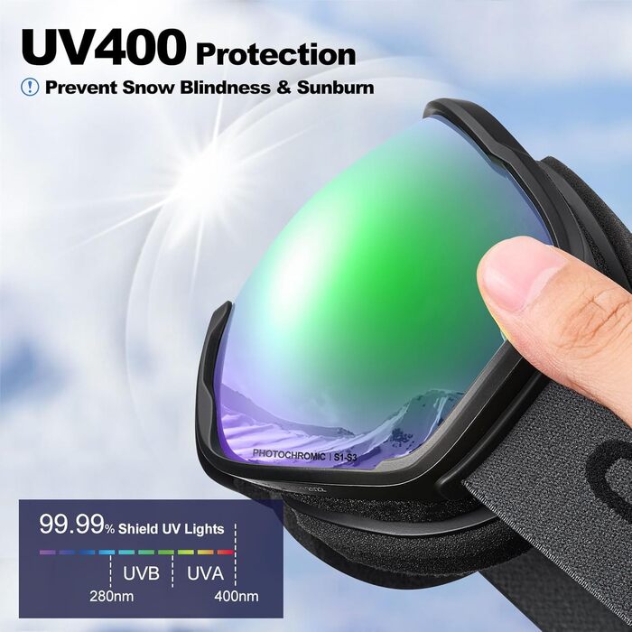Одоланд Скі-маска фотохромна для сонячних та похмурих днів, протитуманна сноуборд маска, захист від УФ-променів для чоловіків та жінок, самозатемнювана скі-маска