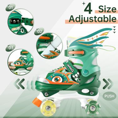 Дитячі ролики Quad Roller Skates з підсвічуванням коліс, регульовані по розміру, зелені (32-35)