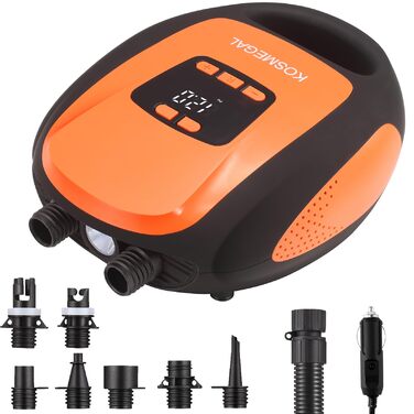 Електричний насос для SUP дошки, 20PSI, портативний, з автовимкненням та здуванням, 12V DC, для SUP, каяків, човнів, помаранчевий