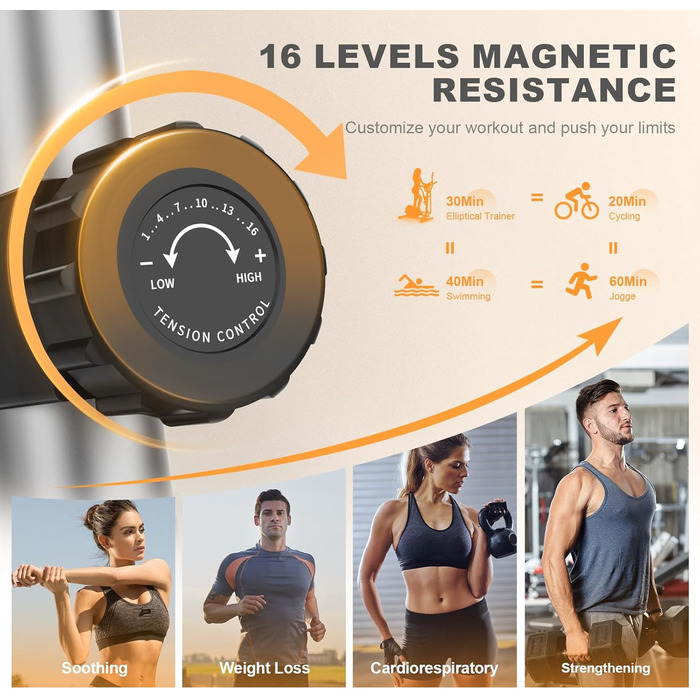 Еліптичний тренажер Neezee для дому з Bluetooth, 16 рівнів опору, 6 кг маховика, LCD-монітором, датчиком пульсу та тримачем для пляшок (Помаранчевий + Срібний)