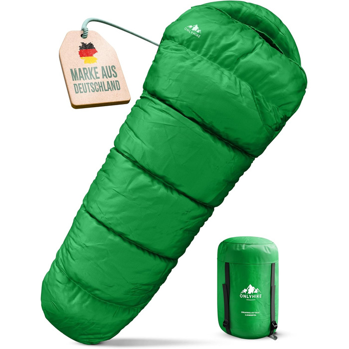 Сплячий мішок ONLYHIKE® Outdoor I [300GSM] - теплий, легкий (1700г) для весни, осені та зими [-5°C до 10°C] | Для кемпінгу, відпочинку на природі та подорожей | Розмір M-XL, Колір: Зелений