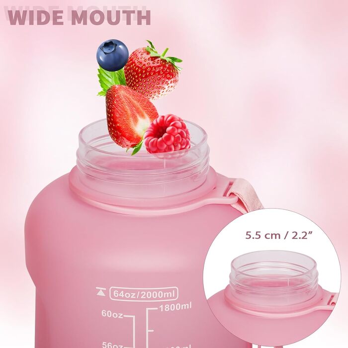 DEARRAY Спортивна пляшка 2 л Tritan з трубочкою та часовою розміткою, BPA-free, для води, мотиваційна, для фітнесу та спортзалу, рожево-фіолетова