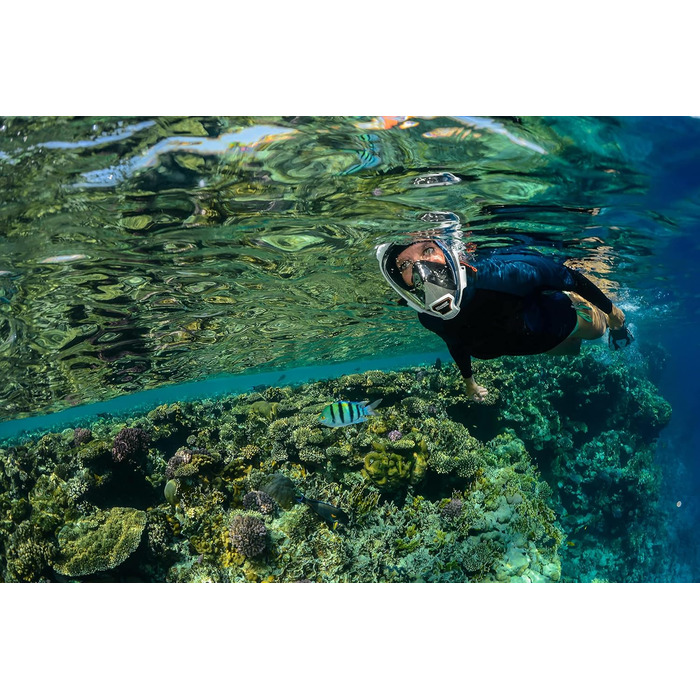 Повнолицьева маска для снорклінгу OCEAN REEF Aria QR з трубкою, біла (L/XL) - панорамний огляд 180°