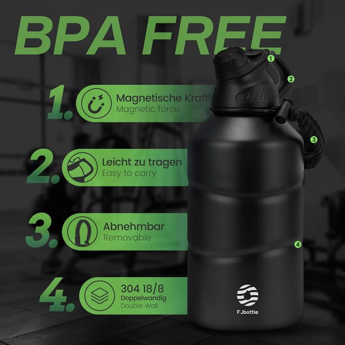 Термофляга FJbottle з нержавіючої сталі 1.9L з магнітною кришкою, без BPA, подвійні стінки, витримує нагрівання, для спорту, універу, кемпінгу, відпочинку на природі, чорна. 1900 мл