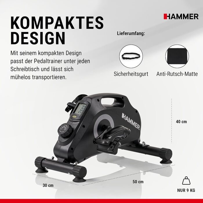 Магнітний тренажер для ніг HAMMER Pedaltrainer — міні-велотренажер для дому та офісу з дисплеєм, 8 рівнями навантаження, килимком та ременями безпеки