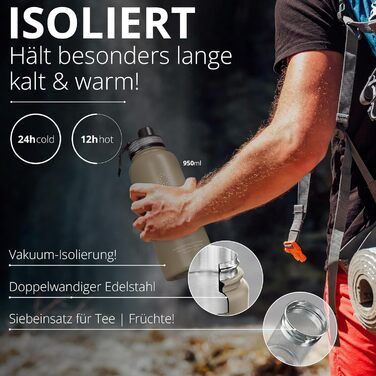 Термос пляшка з нержавіючої сталі ACTIVE FLASK 950 мл, ізольована, з трубочкою, 3 кришки, BPA-free, для газованої води, для спорту, велосипеда, дітей, чаю, бежевого кольору