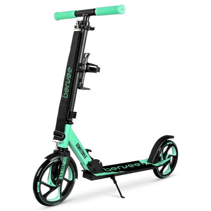 Самокат міський Bergеn City Scooter Downtown, алюмінієвий, складаний, 3.3 кг, колеса 200 мм, регульована висота, для дітей від 6 років, підлітків, дорослих до 100 кг (чорний, зелений)