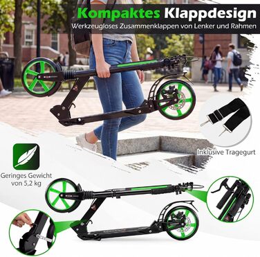 COSTWAY Розкладний самокат для дітей та дорослих, зелений, з дзвіночком та підставкою, до 100 кг