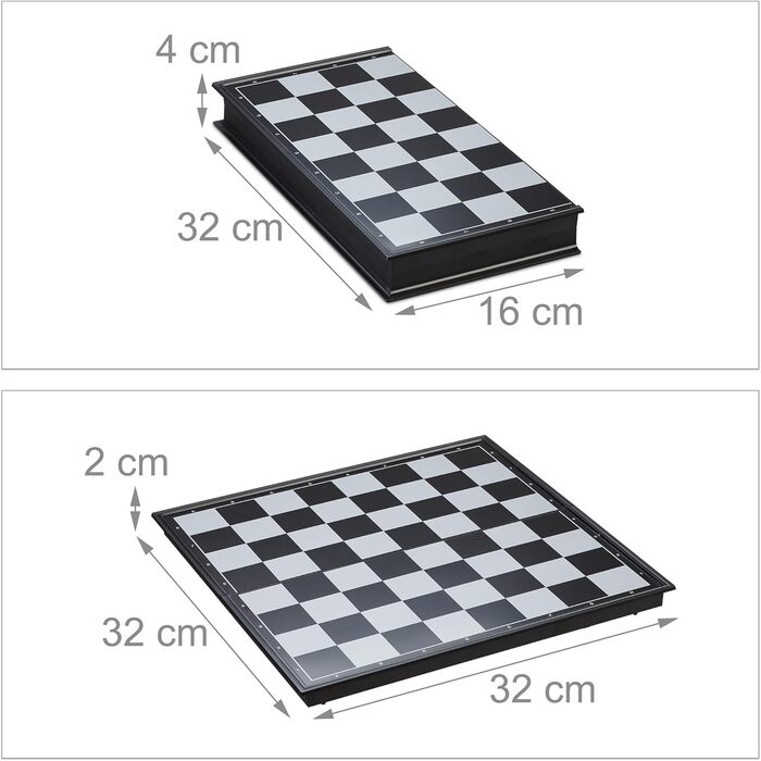 Шахи Relaxdays 3-в-1: шахи, шашки, нарди. Магнітний, складаний, 32x32 см, чорний/білий