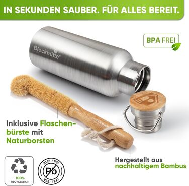 Термос-пляшка з нержавіючої сталі Premium 750 мл з щіткою з натуральної щетини | Ізольована, не протікає, для спорту та відпочинку | Без BPA, срібляста