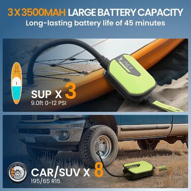 Акумуляторний насос TowerTop Sup Pumpe 10500mAh для SUP-дошки, авто та каяків, 50 PSI, 12V двоступеневий (накачування та випускання) з 8 насадками