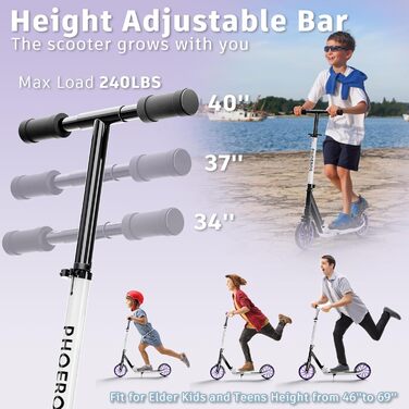 Дитячий трюковий самокат PHOEROS для дітей та дорослих, складний, з регулюванням висоти, амортизація, 200 мм колеса (білий)