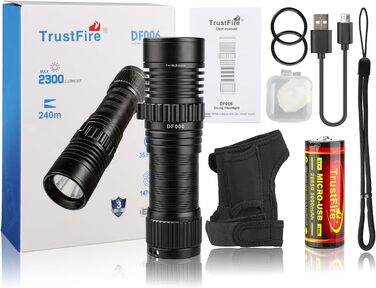 Ліхтар під водою Trustfire DF006, 2300 люмен, 100 метрів глибини, 3 режими, перезаряджається, з петлею, чорний