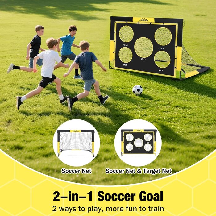 Ворота для футболу MoKo для саду, 150x120 см, сітка з мішенню, портативне обладнання для тренувань дітей, ігровий спорт на відкритому повітрі (чорний+жовтий)