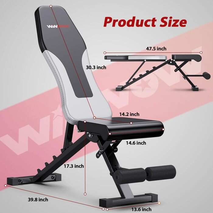 Регульована складна лава для вправ WINNOW — універсальна фітнес-лава для тренувань вдома та в залі, для жиму та вправ на все тіло