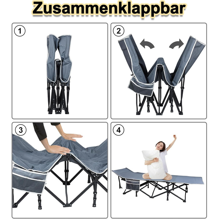 Розкладне ліжко VA-Cerulean для кемпінгу та відпочинку: міцне, легке, з кишенею та сумкою для транспортування (250 кг, 190x62x38 см)