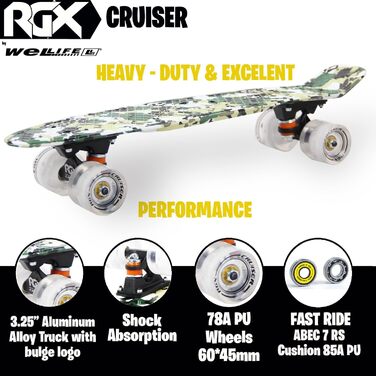 Скейтборд WeLLIFE Mini Cruiser 22'' (56 см), PU колеса з LED, ABEC-7, для підлітків і дорослих, військовий стиль