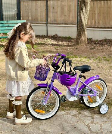 Дитячий велосипед Promethues для дівчаток 16 дюймів з підтримкою та заднім гальмом (фіолетовий/ліловий)