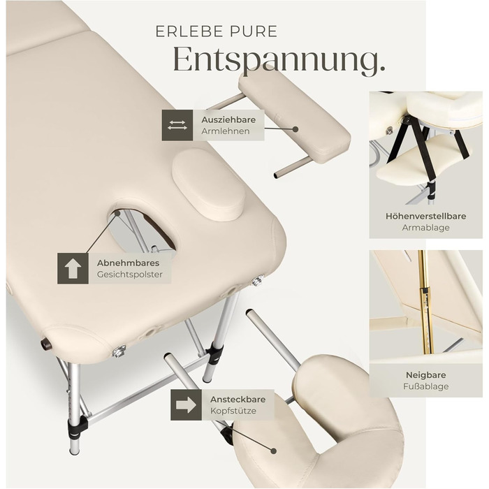 Масажний стіл Tectake 3 зони, складаний, з регулюванням висоти, з аксесуарами (підголовник, підлокітники, сумка) - бежевий