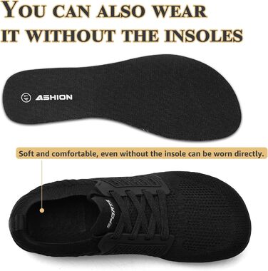 ASHION Взуття для ходьби та бігу без шкарпеток (унісекс), широка модель, чорний колір, 41 EU