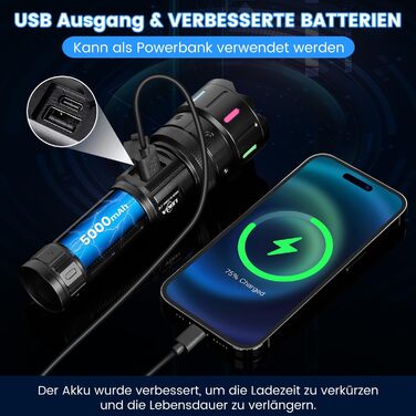 LED ліхтар Lekia 500000 Люмен, перезаряджуваний USB-C, 5 режимів, Zoom, водонепроникний, 5000mAh, для кемпінгу та надзвичайних ситуацій