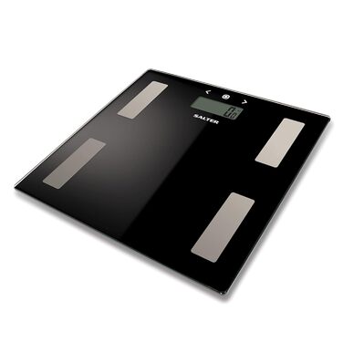 Електронна ваги Salter 9150 BK3R з аналізом складу тіла, скляна ультратонка вага для зважування, вимірює вагу, ІМТ, жир, воду, для 8 користувачів, чорна